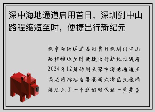 深中海地通道启用首日，深圳到中山路程缩短至时，便捷出行新纪元