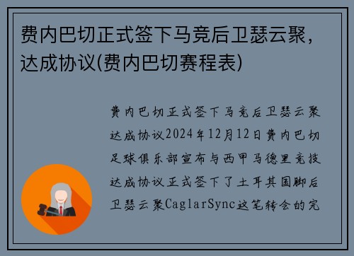费内巴切正式签下马竞后卫瑟云聚，达成协议(费内巴切赛程表)
