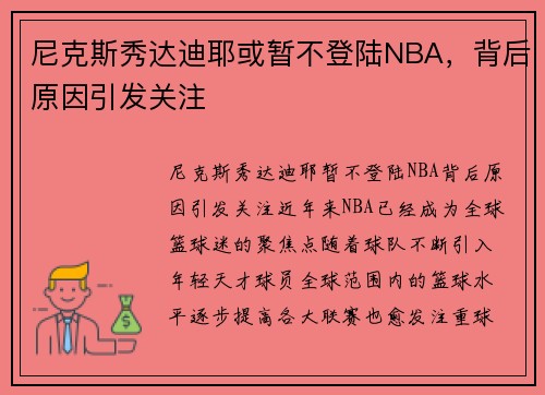 尼克斯秀达迪耶或暂不登陆NBA，背后原因引发关注