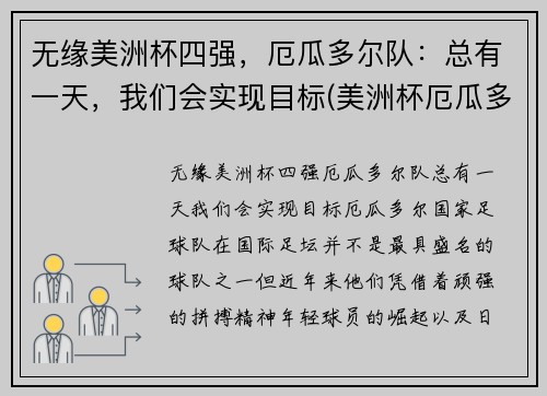 无缘美洲杯四强，厄瓜多尔队：总有一天，我们会实现目标(美洲杯厄瓜多尔出线)