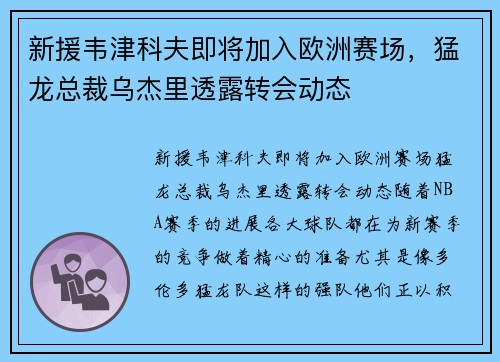新援韦津科夫即将加入欧洲赛场，猛龙总裁乌杰里透露转会动态