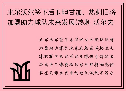 米尔沃尔签下后卫坦甘加，热刺旧将加盟助力球队未来发展(热刺 沃尔夫)