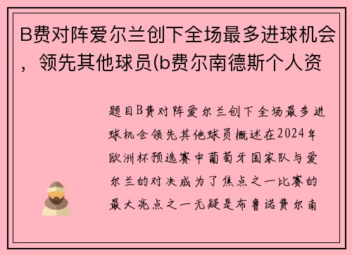 B费对阵爱尔兰创下全场最多进球机会，领先其他球员(b费尔南德斯个人资料曼联)